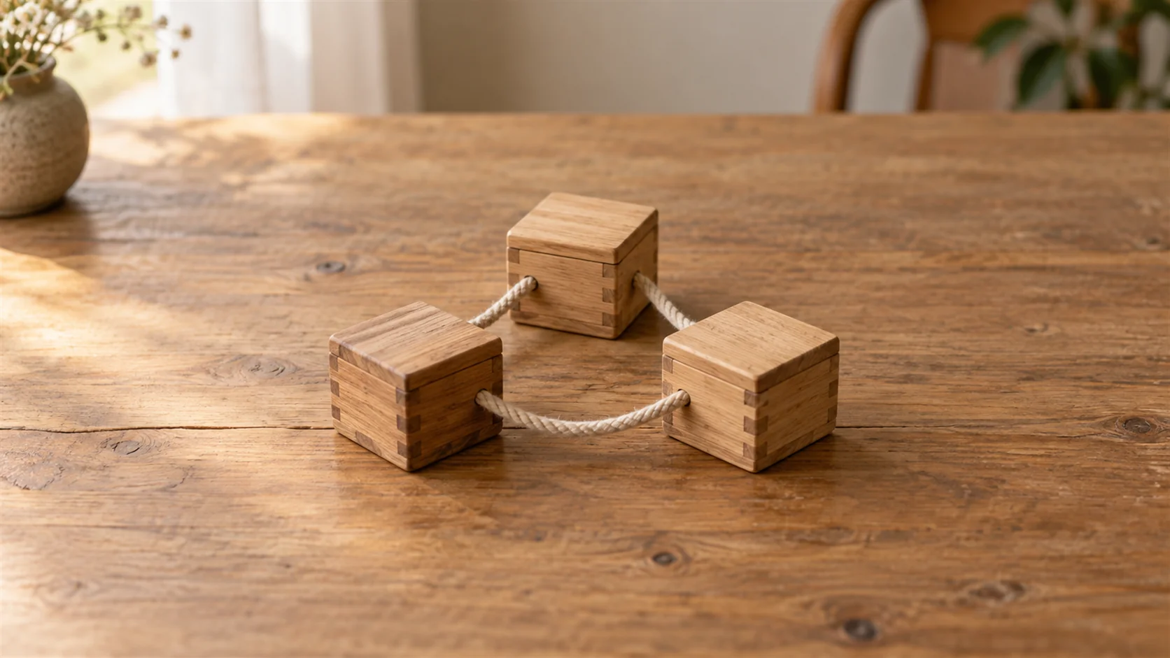 Three small wooden boxes connected by short lengths of plain cord on a warm tabletop.