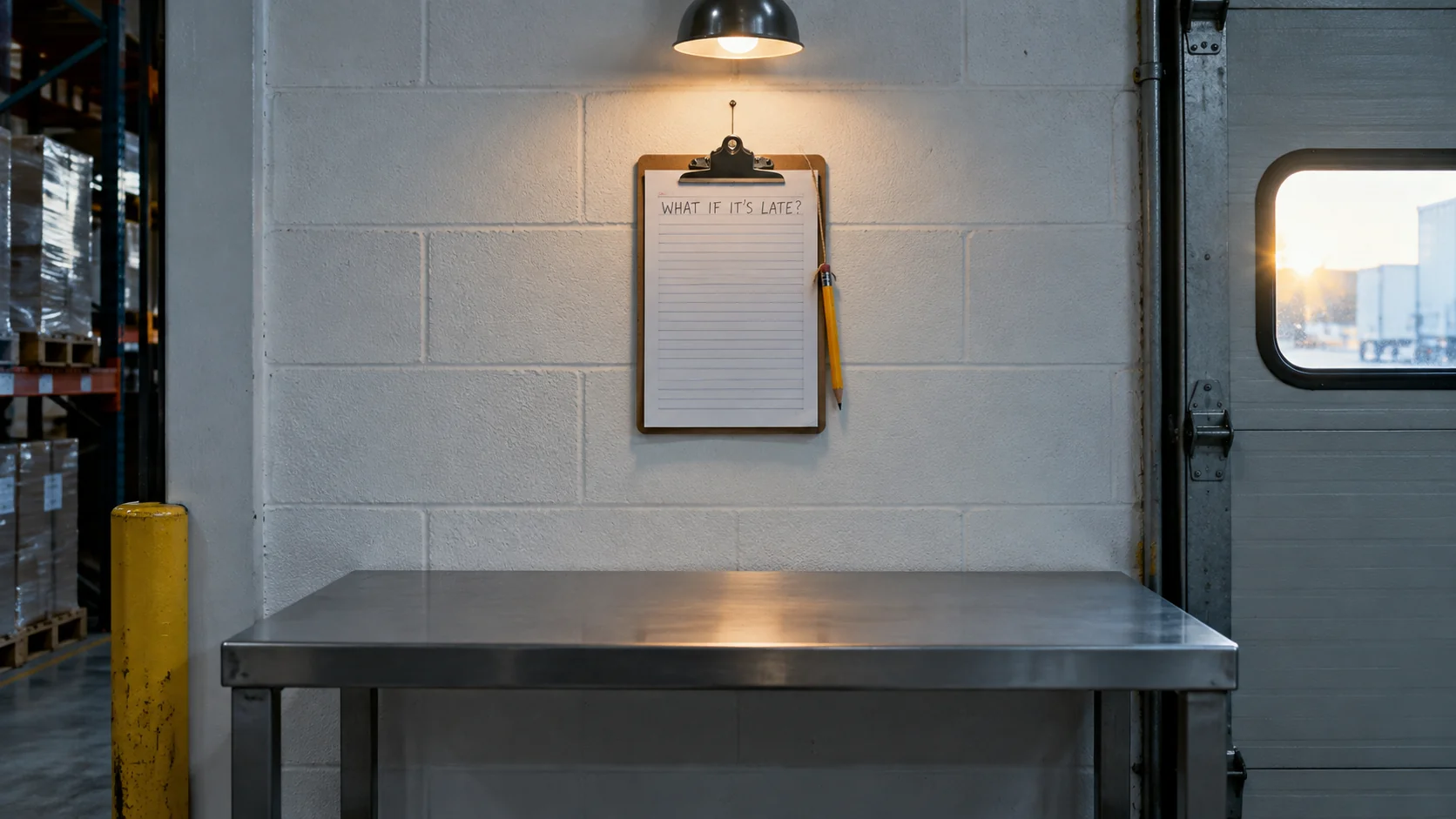 A spotless new receiving desk with one clipboard on an empty wall, its only handwritten line reading WHAT IF IT'S LATE?