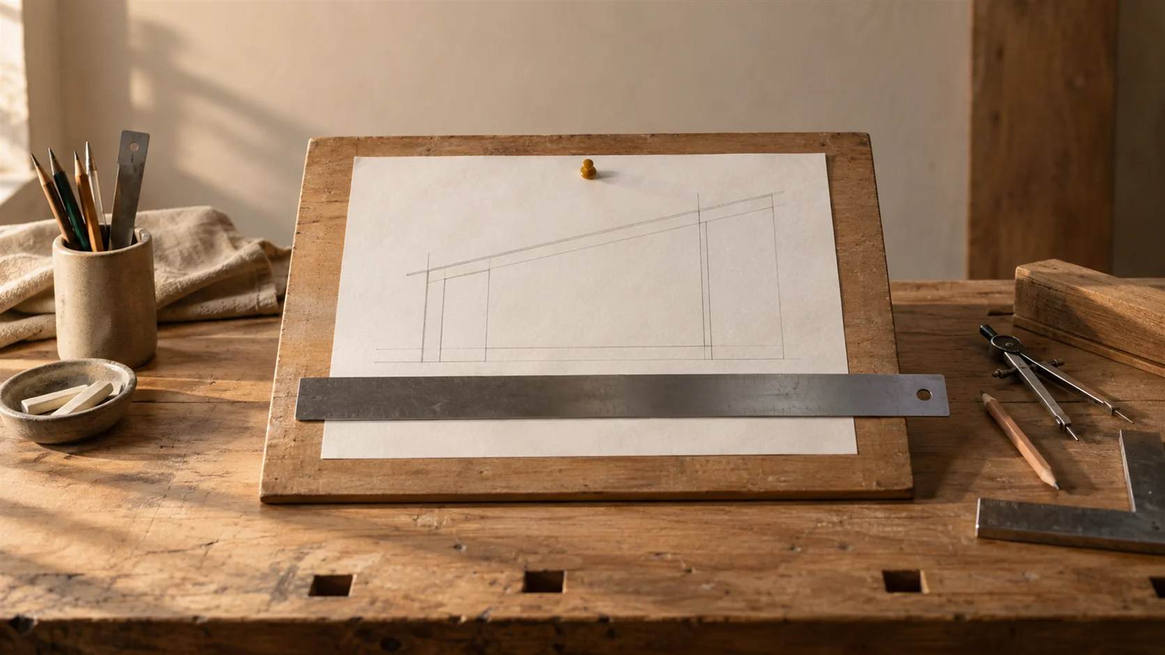 A set of architect's drawings pinned flat on a drawing board with a scale rule laid across them, the drawn lines clear and no lettering anywhere.