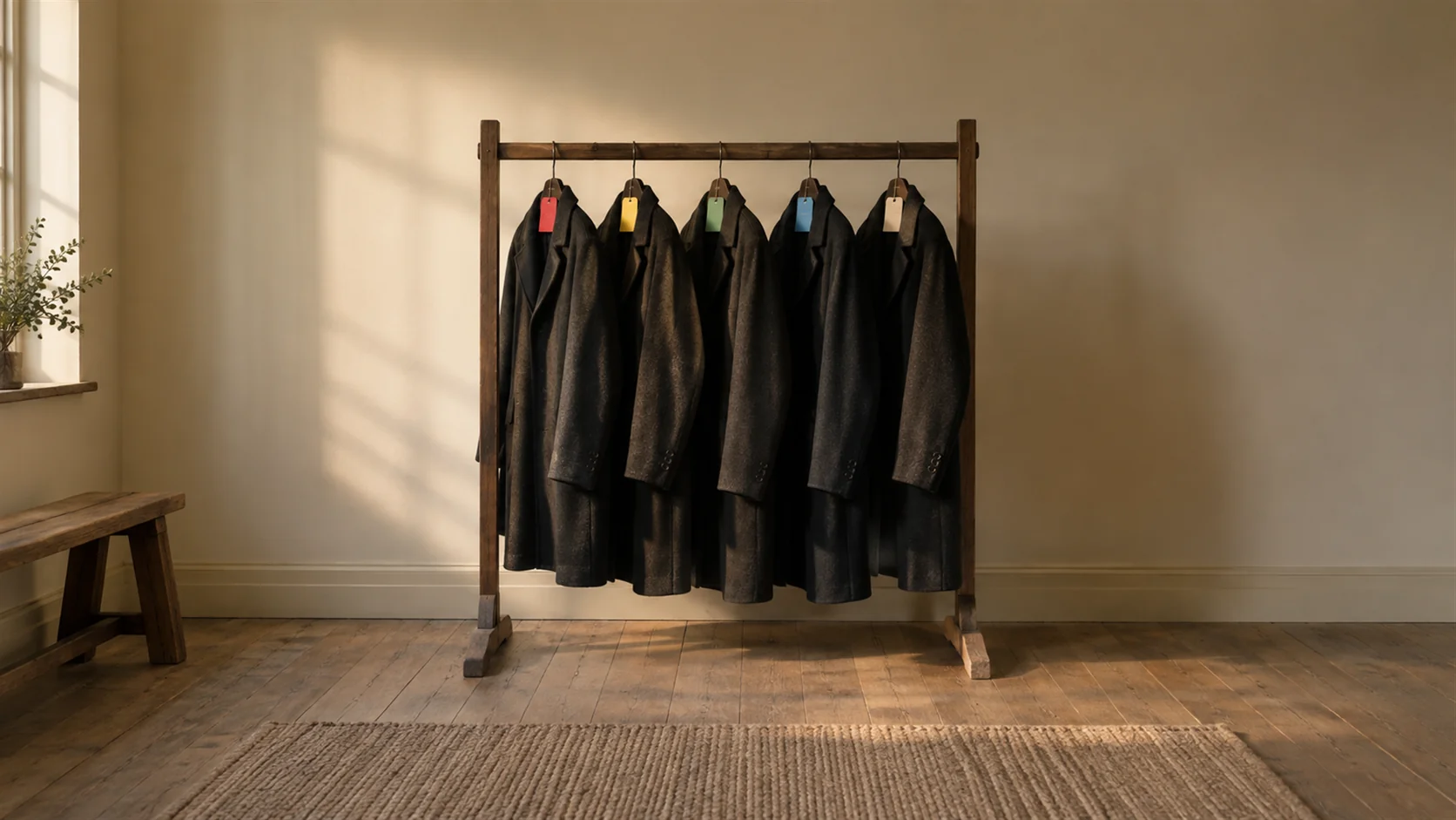 A cloakroom rail of identical dark coats, each hanger carrying a small tag in a different colour