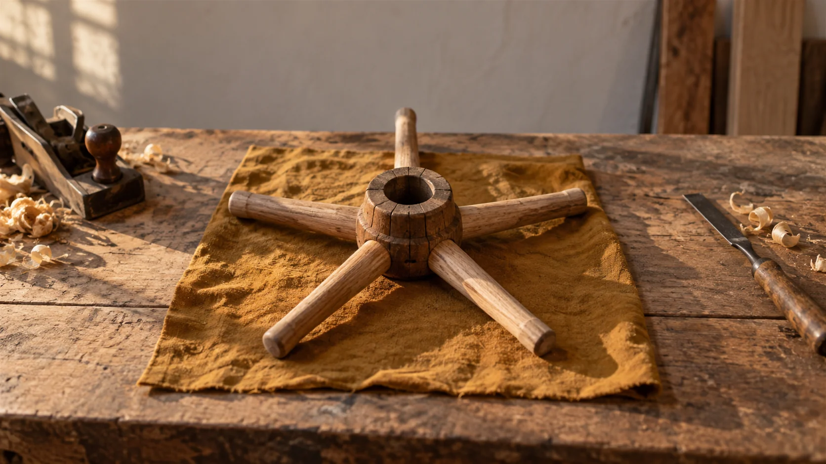 A wooden cartwheel hub lying flat on a workshop bench with five spokes radiating out from it