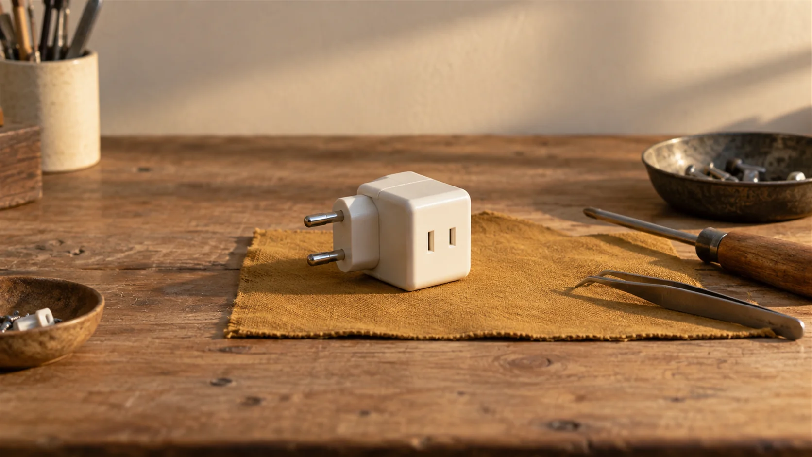 A travel power adaptor on a workbench with an old round-pin plug on one face and a modern flat-pin socket on the other