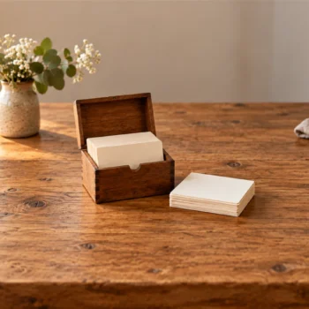 An open wooden box holds blank recipe cards beside a separate stack on a sunlit table.