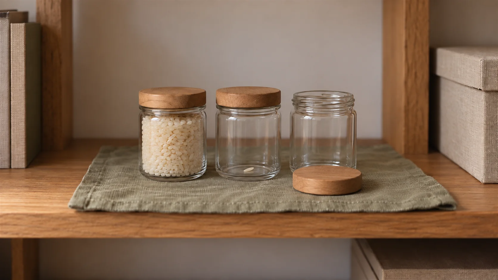 Three identical glass jars on a wooden shelf: one filled with rice, one holding a single grain, and one completely empty with its lid off.