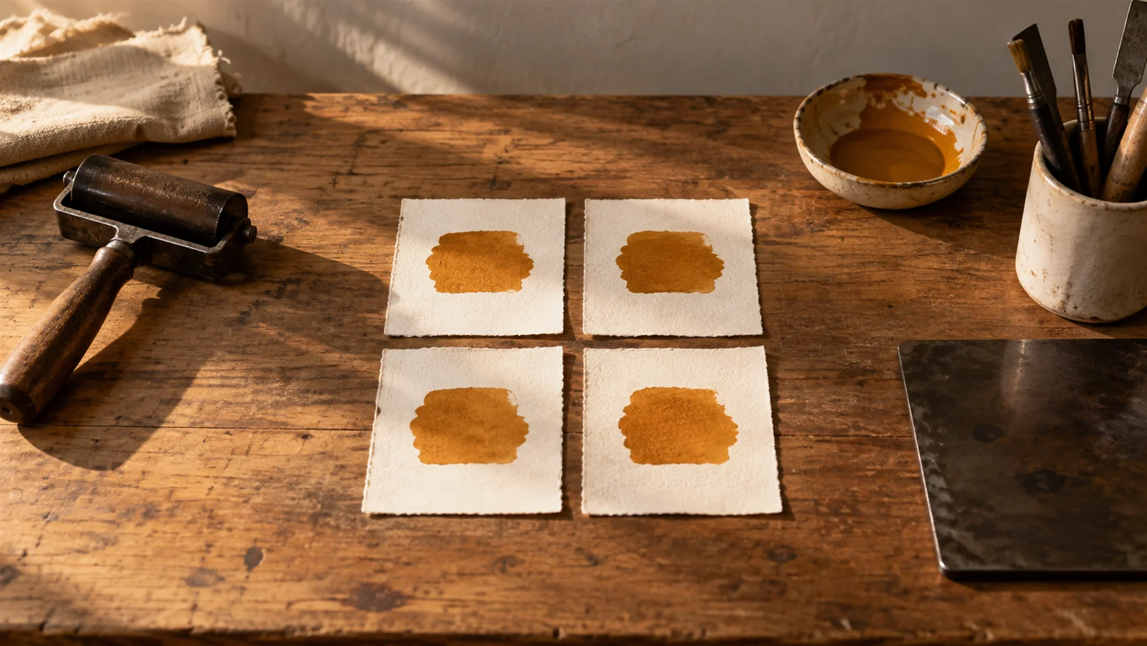 A print shop bench with one original sheet and three identical fresh prints laid out beside it to dry.