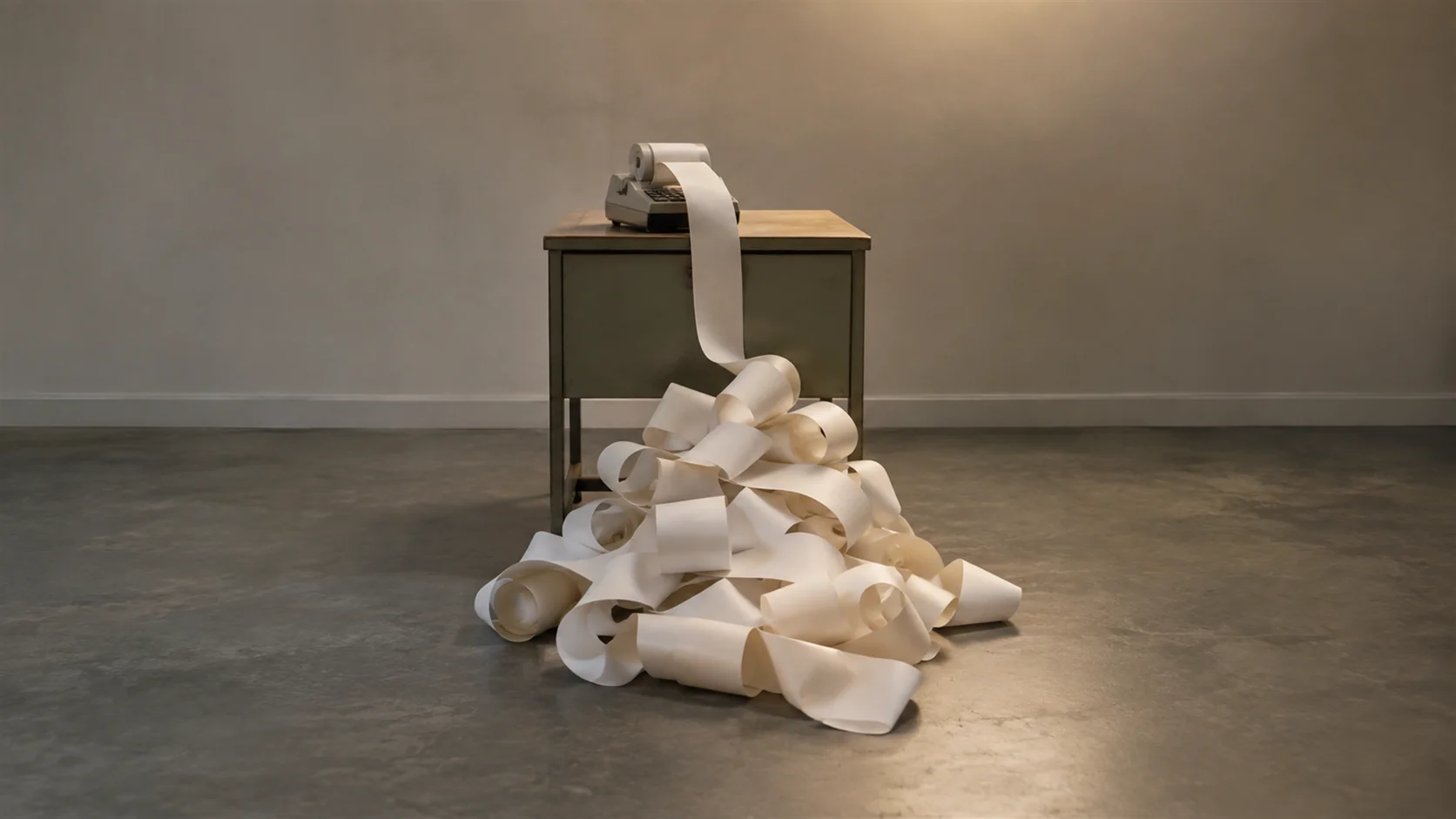 A paper till roll unspooling from a machine and coiling into a long heap across the floor of a back office.