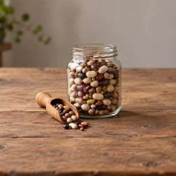 A small scoop rests beside a glass jar of mixed dried beans on a wooden table.