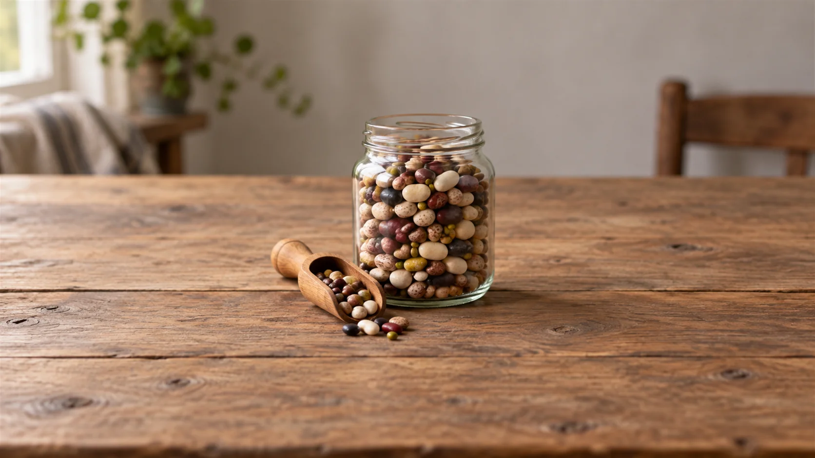 A small scoop rests beside a glass jar of mixed dried beans on a wooden table.