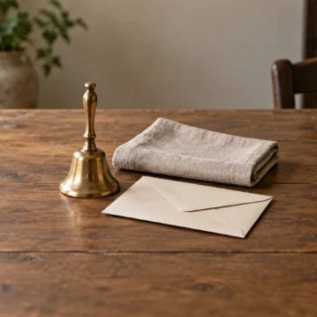 A small brass bell beside a plain closed envelope and a soft folded cloth on a wooden desk.