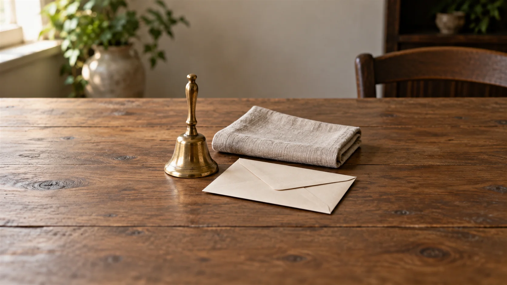 A small brass bell beside a plain closed envelope and a soft folded cloth on a wooden desk.