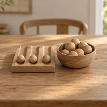 Smooth wooden balls resting in separate shallow channels beside a crowded wooden bowl on a table.