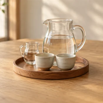 Two clear glass pitchers and two ceramic cups arranged on a round wooden serving tray.