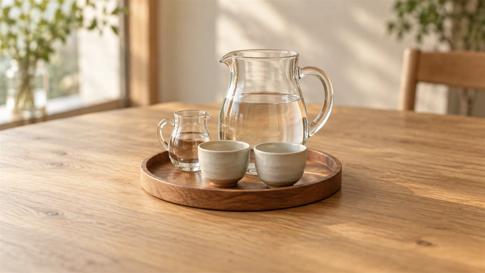 Two clear glass pitchers and two ceramic cups arranged on a round wooden serving tray.