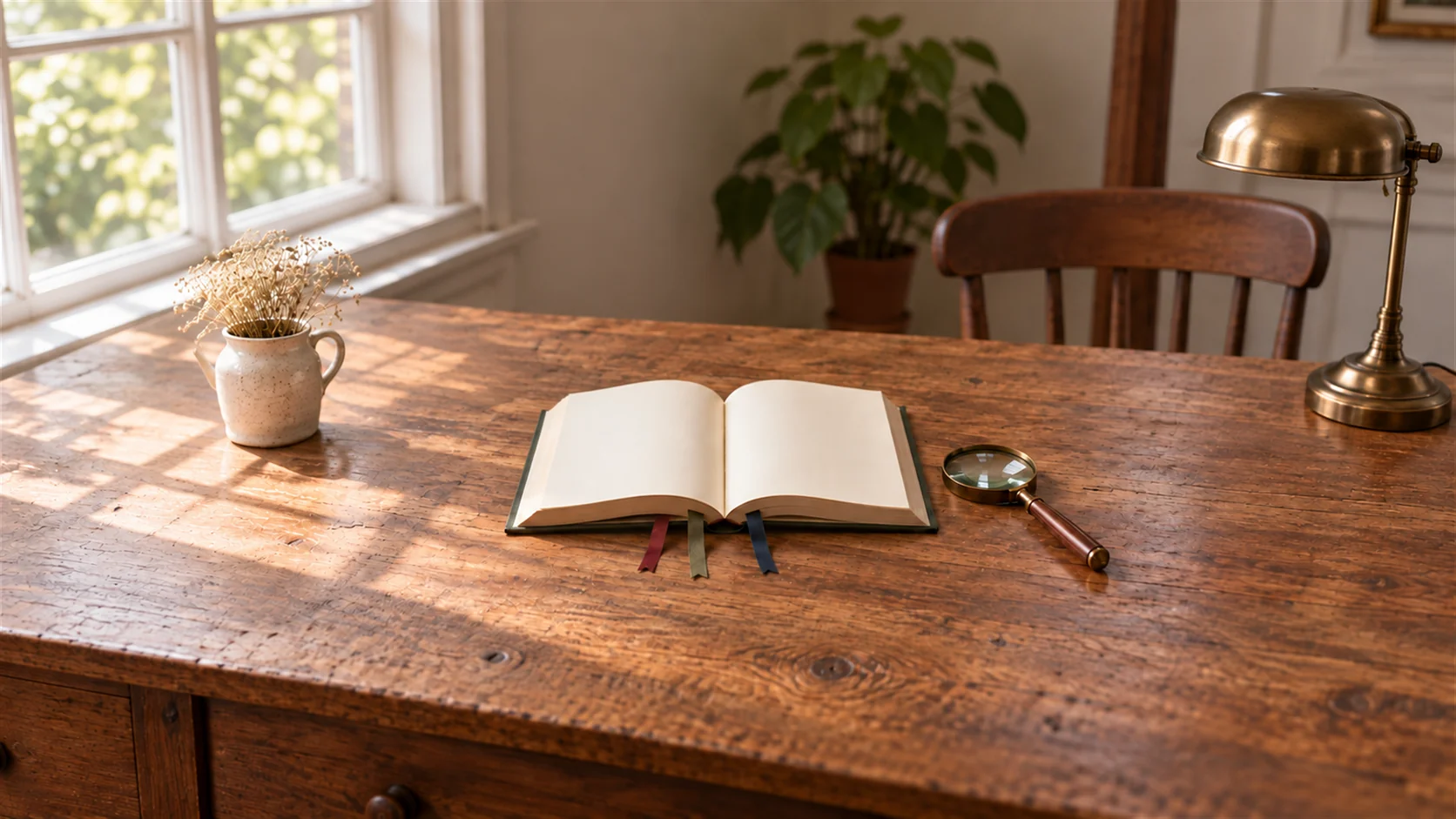 An open plain reference book has several colored fabric bookmarks beside a magnifying glass.