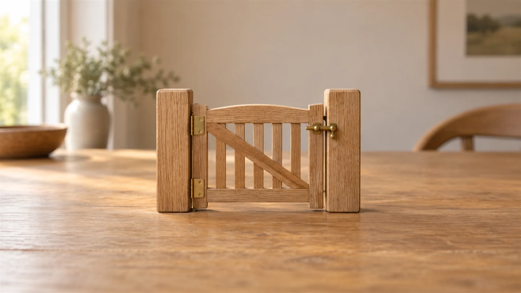 A small wooden gate fitted securely between two plain wooden blocks on a warm tabletop.