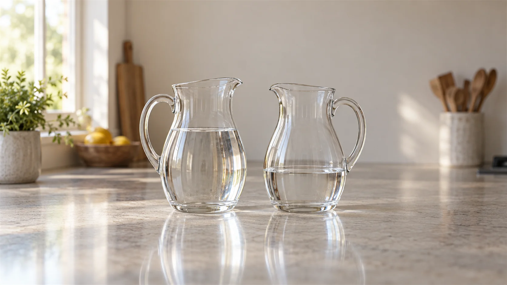 Two matching glass pitchers contain water at different levels on a quiet kitchen counter.