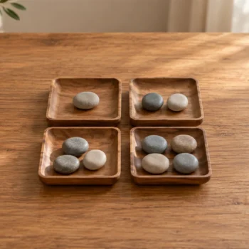 Four small wooden trays holding different numbers of smooth pebbles on a warm oak tabletop.