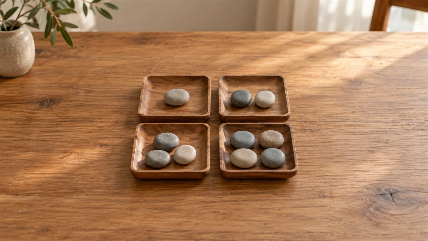 Four small wooden trays holding different numbers of smooth pebbles on a warm oak tabletop.