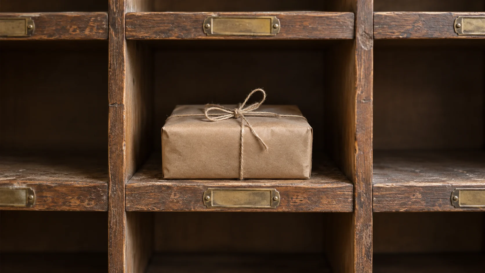 A wrapped kraft paper parcel pushed into a wooden post room pigeonhole