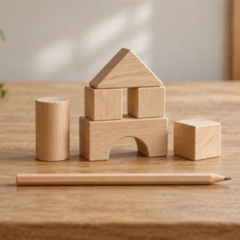 Neatly arranged plain wooden building pieces beside a pencil on a quiet worktable.