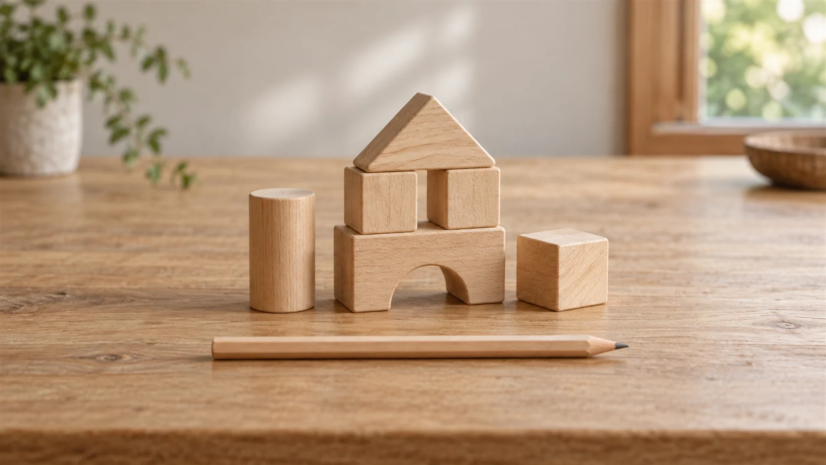 Neatly arranged plain wooden building pieces beside a pencil on a quiet worktable.