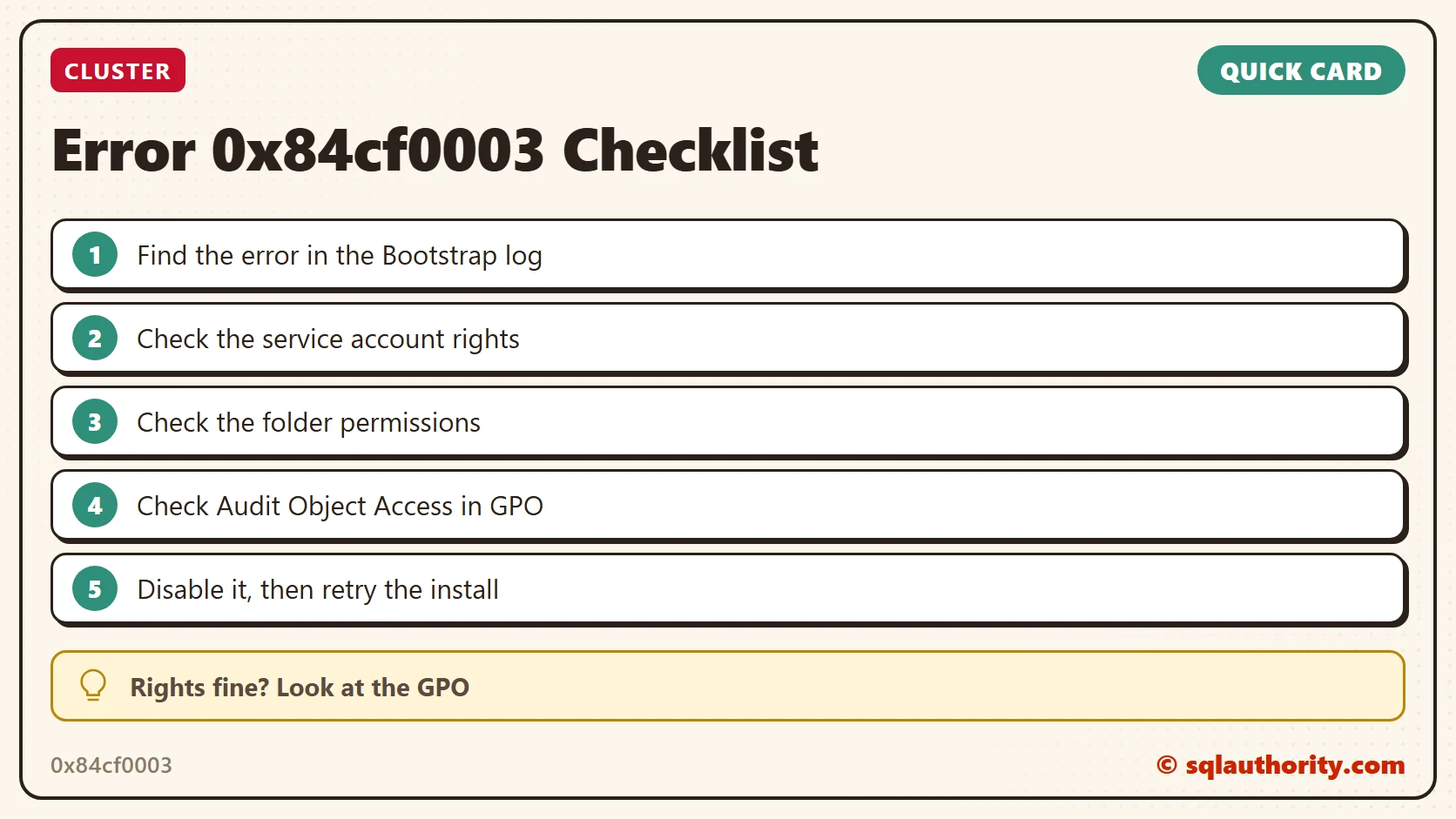 Quick reference card: error 0x84cf0003 in a cluster install