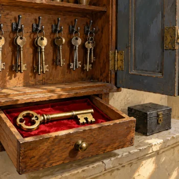 A gouache key cupboard keeps a heavy brass key separately from everyday keys, beside a closed lockbox.
