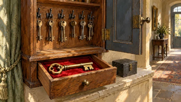 A gouache key cupboard keeps a heavy brass key separately from everyday keys, beside a closed lockbox.