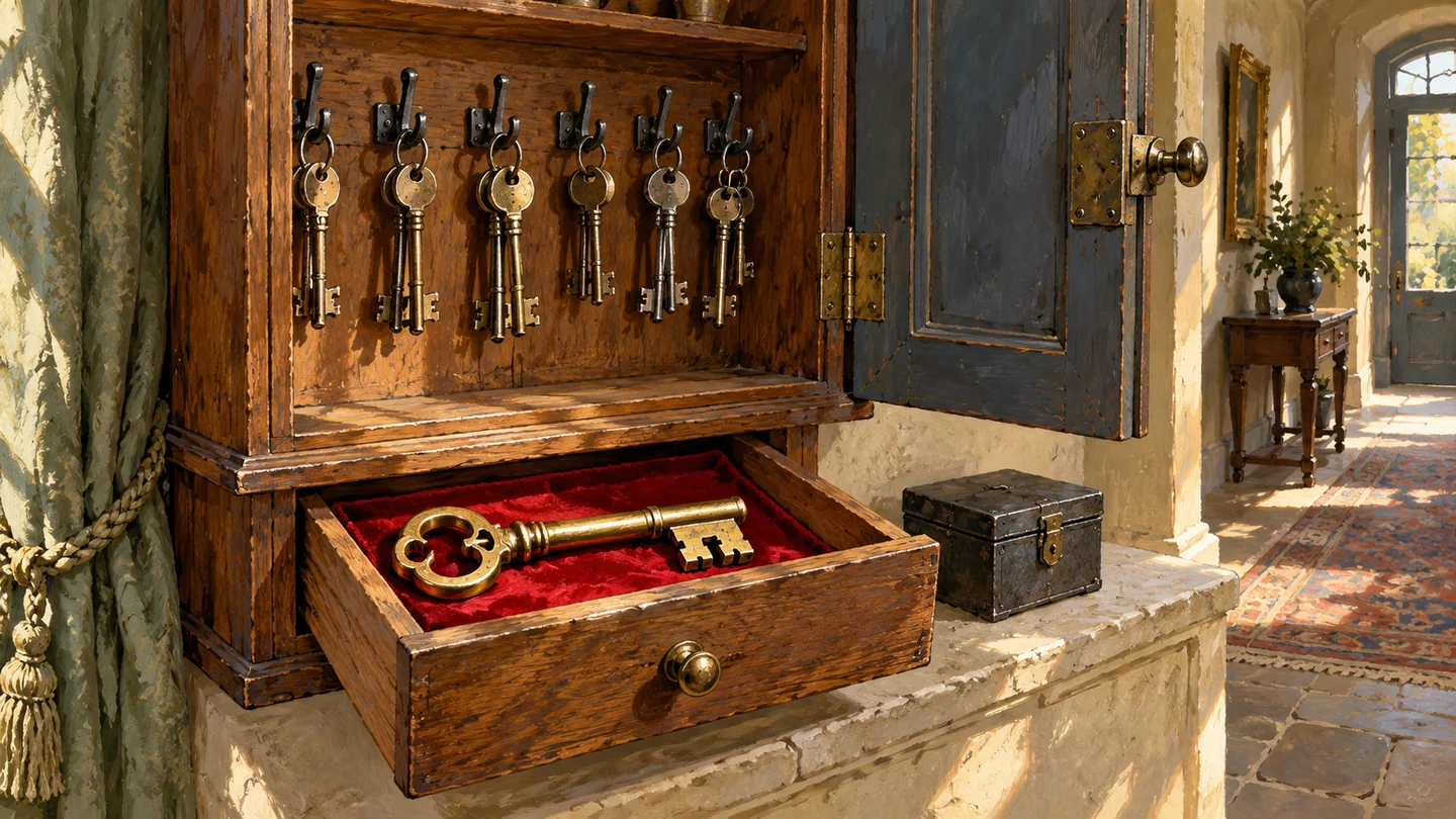 A gouache key cupboard keeps a heavy brass key separately from everyday keys, beside a closed lockbox.