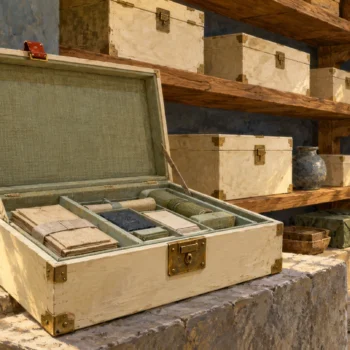 An open protected archive case sits before shelves of closed cases ready for inspection.