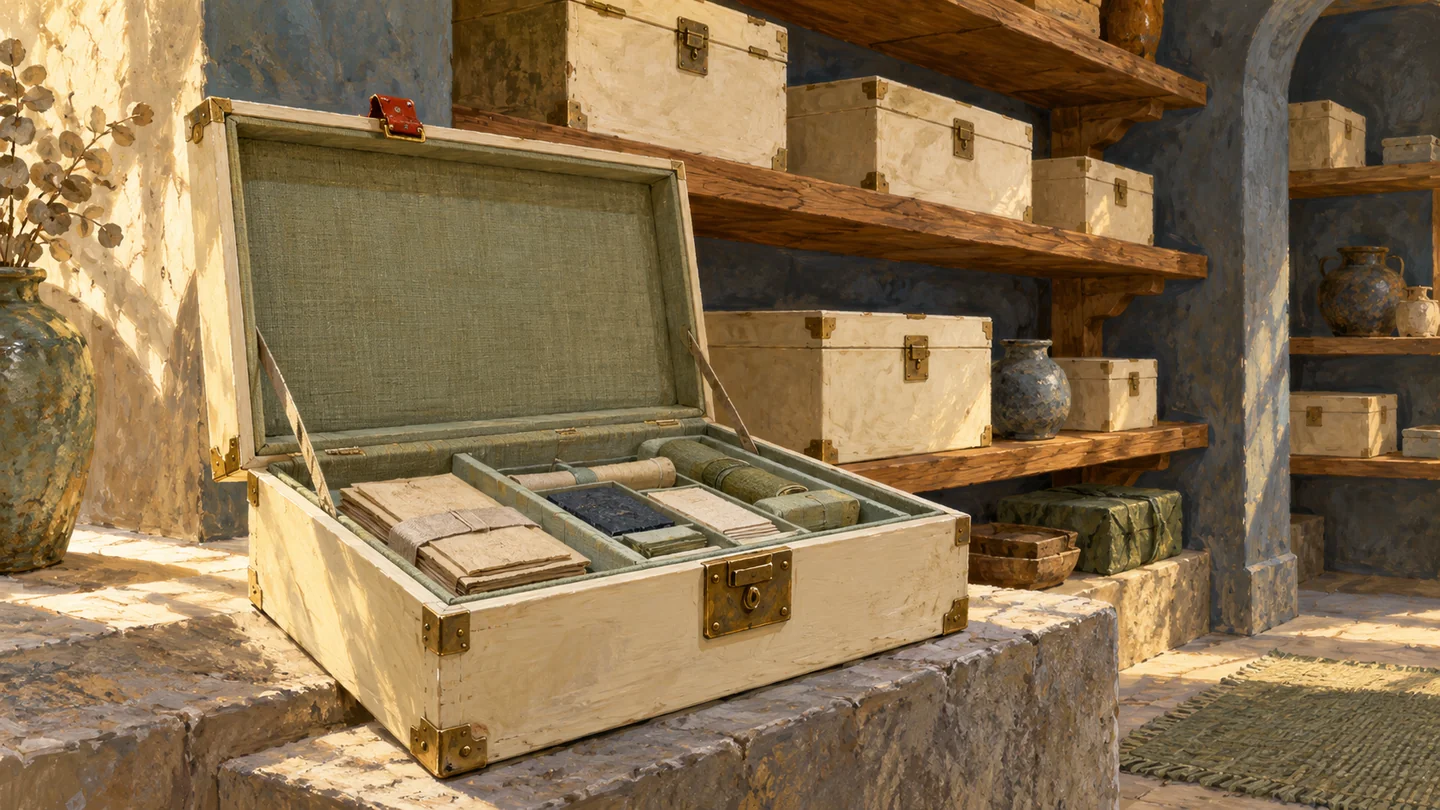 An open protected archive case sits before shelves of closed cases ready for inspection.