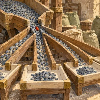 A receiving trough distributes small pieces through several separate channels into independent trays.