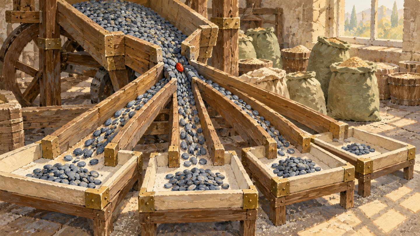 A receiving trough distributes small pieces through several separate channels into independent trays.