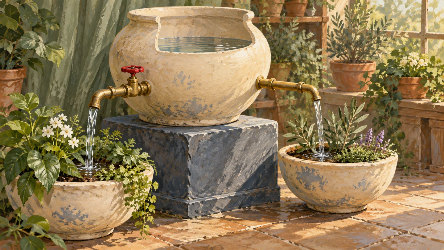 A finite ceramic reservoir supplies two vessels through separate connected spouts.