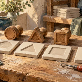 Three distinct stamps match three clay impressions beside a separate blank fallback tile.