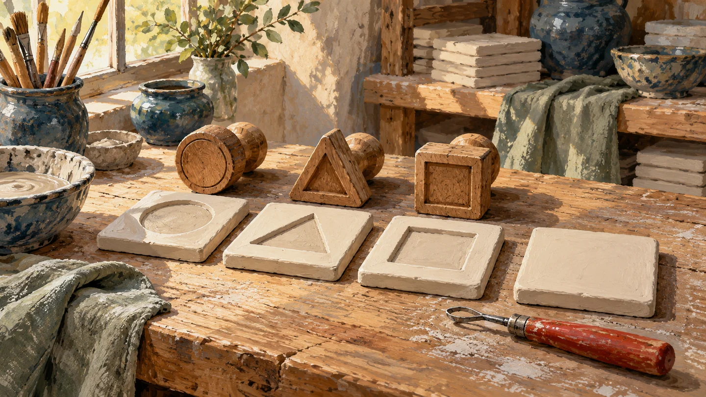 Three distinct stamps match three clay impressions beside a separate blank fallback tile.