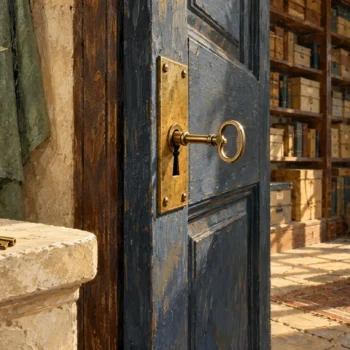 A fitted brass key engages the archive door lock while another key remains unused.