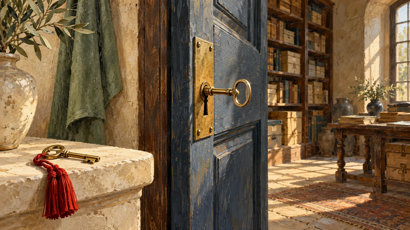A fitted brass key engages the archive door lock while another key remains unused.
