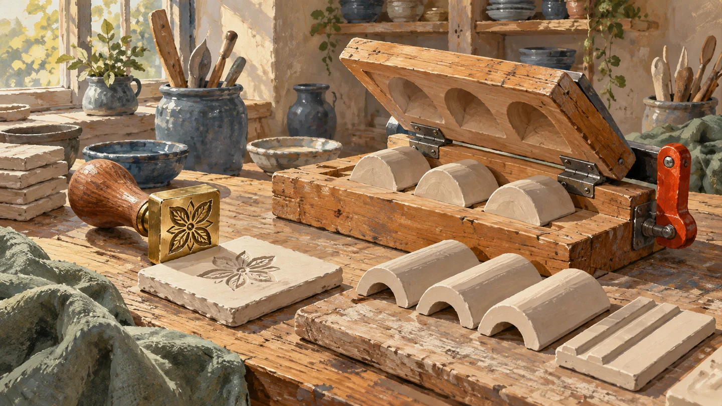 A reusable pattern stamp and a hinged working jig serve visibly different tasks.
