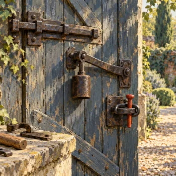 A gouache garden gate has three distinct latch mechanisms, with a vermilion pin beside weathered timber and iron fittings.