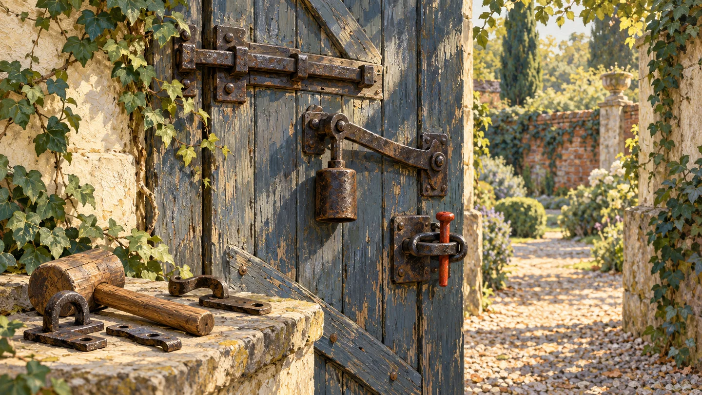 A gouache garden gate has three distinct latch mechanisms, with a vermilion pin beside weathered timber and iron fittings.