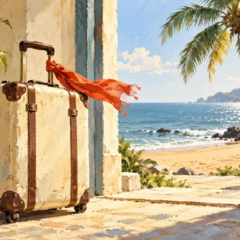 Gouache painting of a suitcase with a red scarf beside an open doorway to a Goan beach.