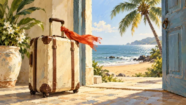 Gouache painting of a suitcase with a red scarf beside an open doorway to a Goan beach.
