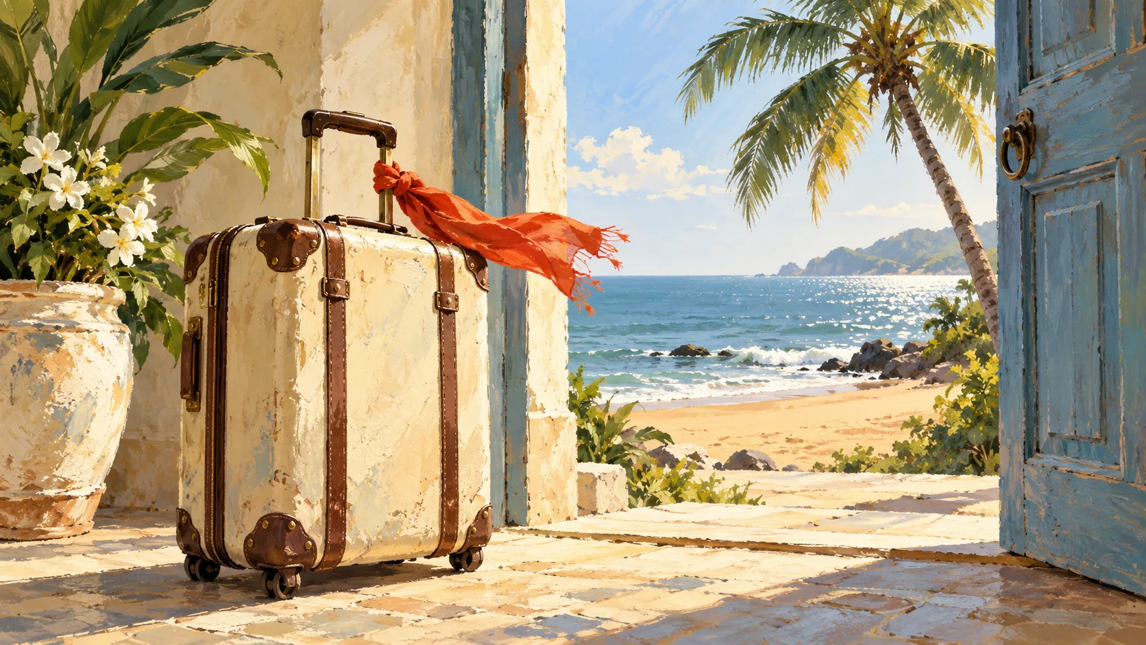Gouache painting of a suitcase with a red scarf beside an open doorway to a Goan beach.