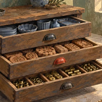 A rich gouache cabinet separates ceramic pieces, carved molds and brass connectors in three independent drawers.