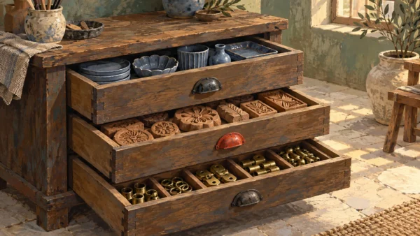 A rich gouache cabinet separates ceramic pieces, carved molds and brass connectors in three independent drawers.