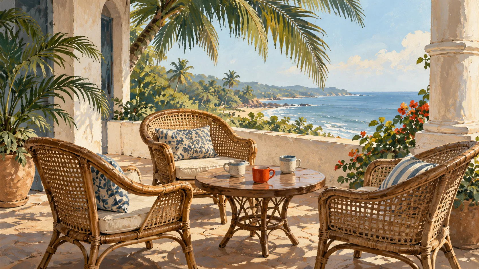 Gouache painting of three cane chairs and cups on a veranda overlooking the Goan coast.