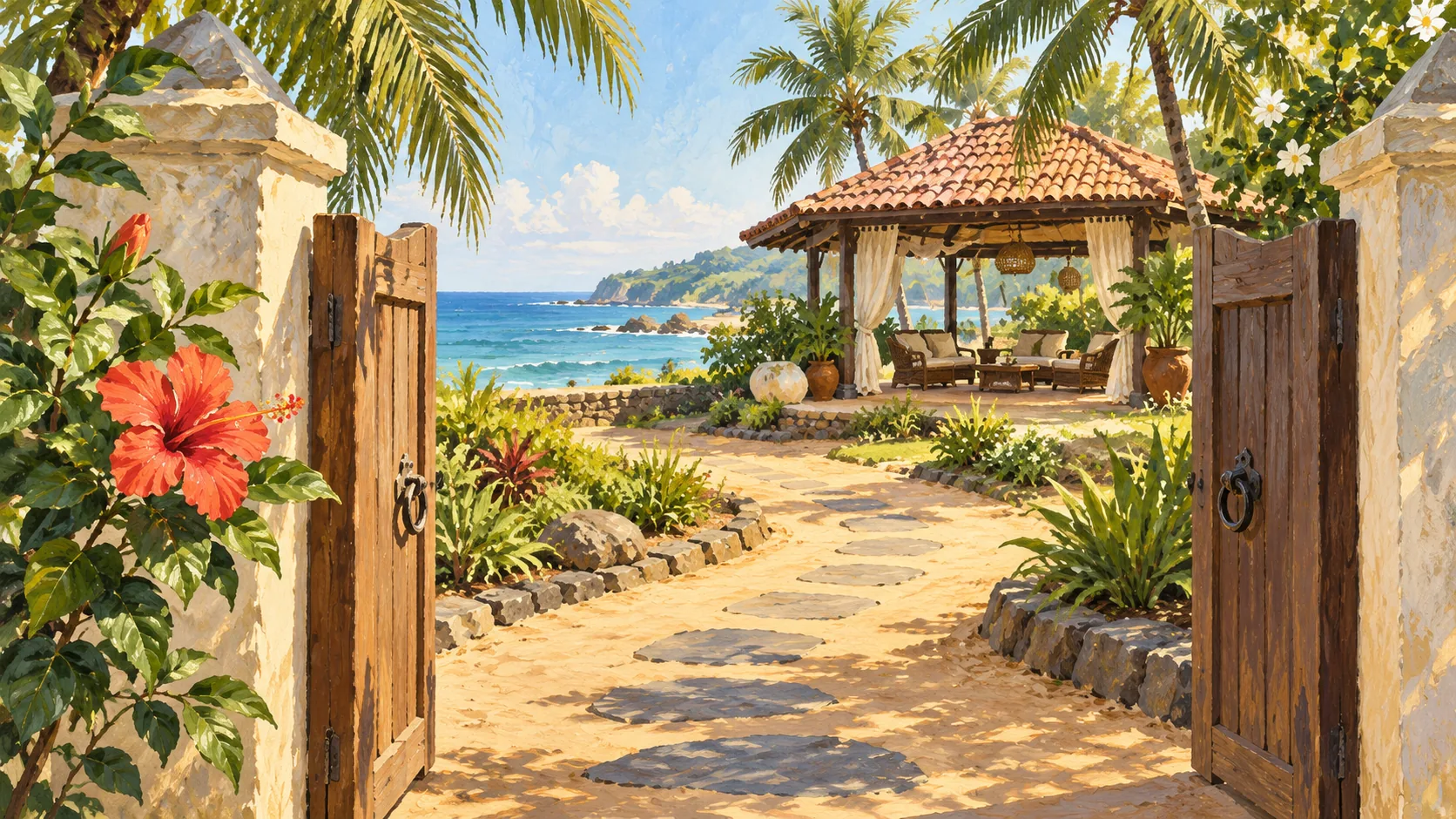 Gouache painting of an open garden gate and stepping stones leading to a coastal pavilion.