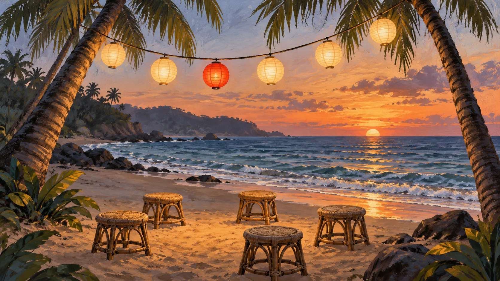 Gouache painting of lanterns and cane stools beside a Goan beach at sunset.
