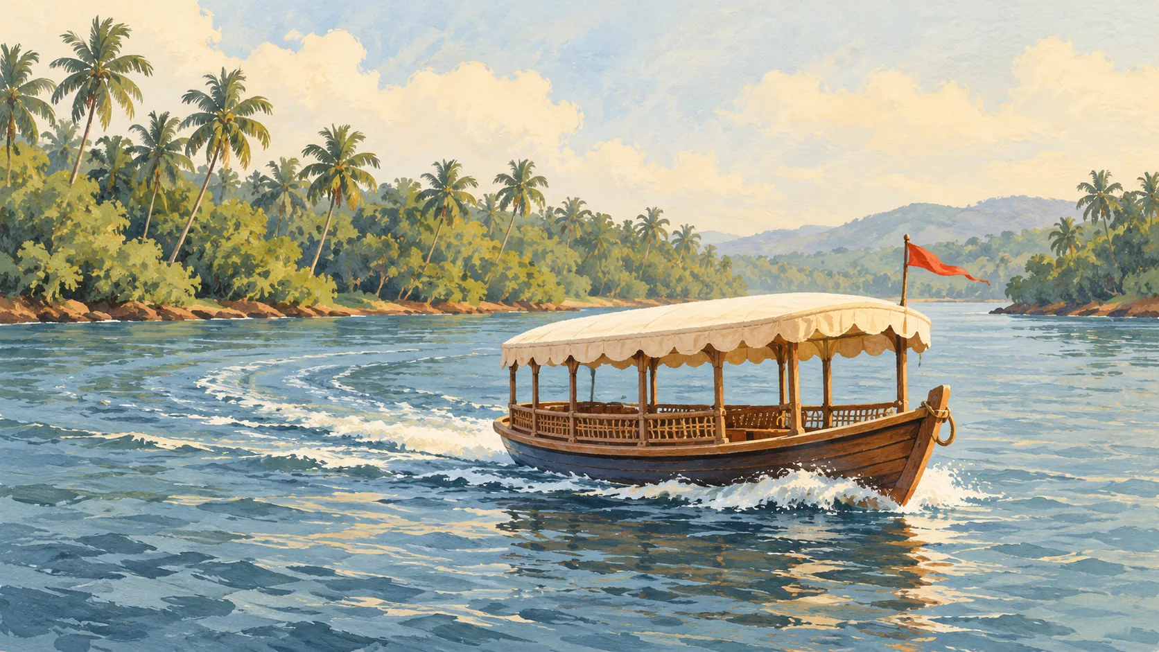 Gouache painting of a canopied boat with a red pennant cruising along a palm-lined river.